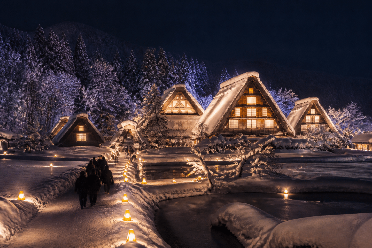 illuminations hivernales Shirakawa-go nuit fermes gassho-zukuri éclairées neige et lumières chaudes