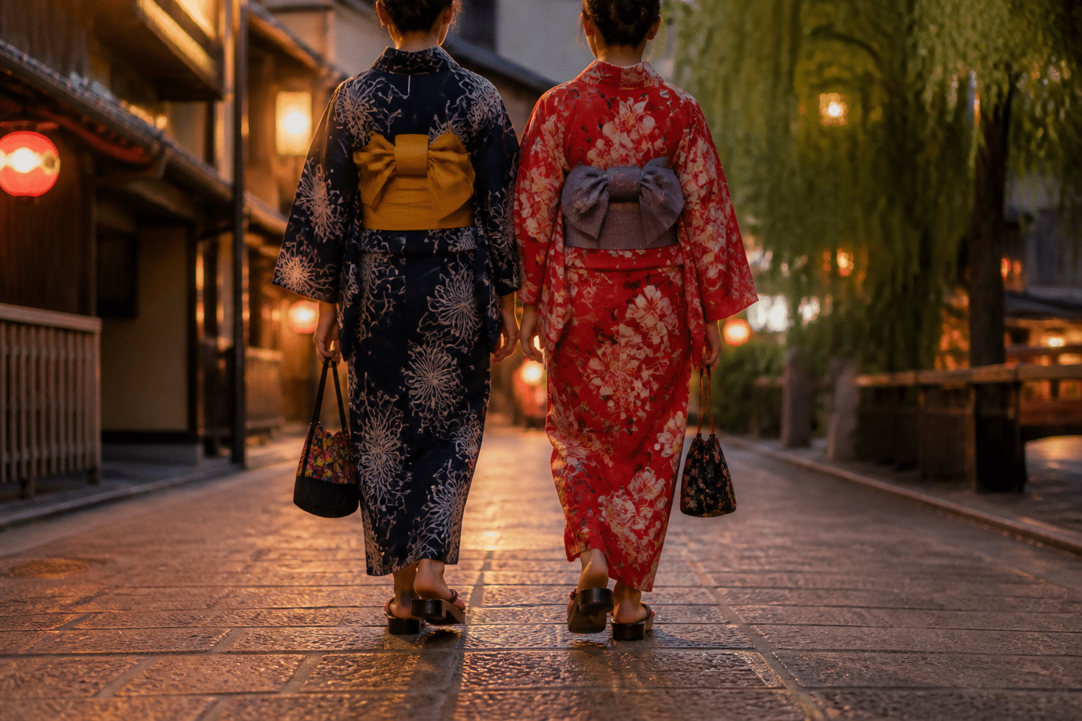 Deux personnes en yukata traditionnel marchant dans une ruelle de Kinosaki Onsen
