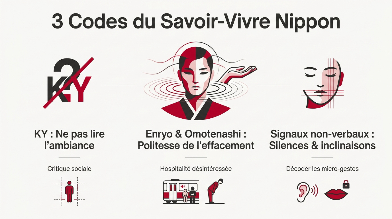 Illustration des codes sociaux japonais et du concept de lire l'air pour éviter d'être KY