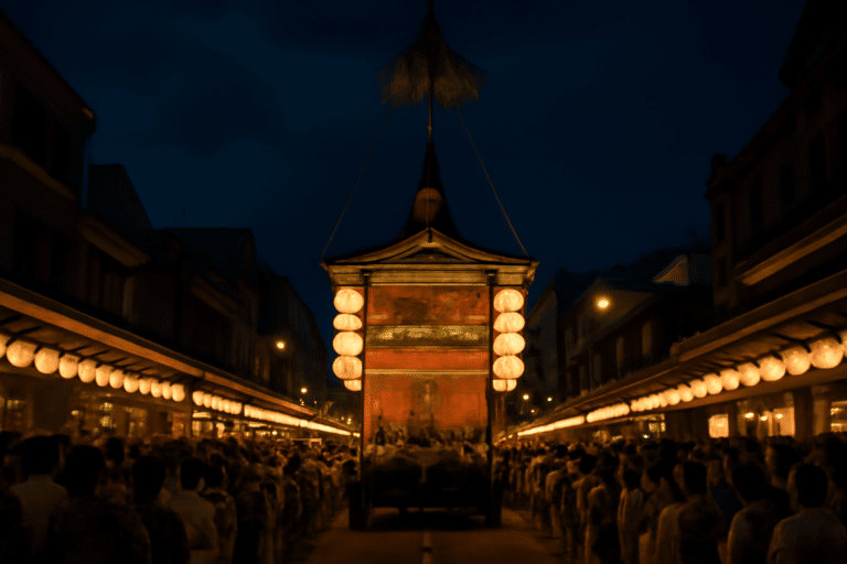 Char hoko illuminé lors du Gion Matsuri à Kyoto la nuit