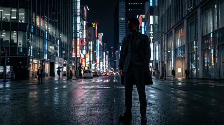 Un homme en costume sombre debout au milieu d'une rue de Tokyo la nuit, sous les néons.
