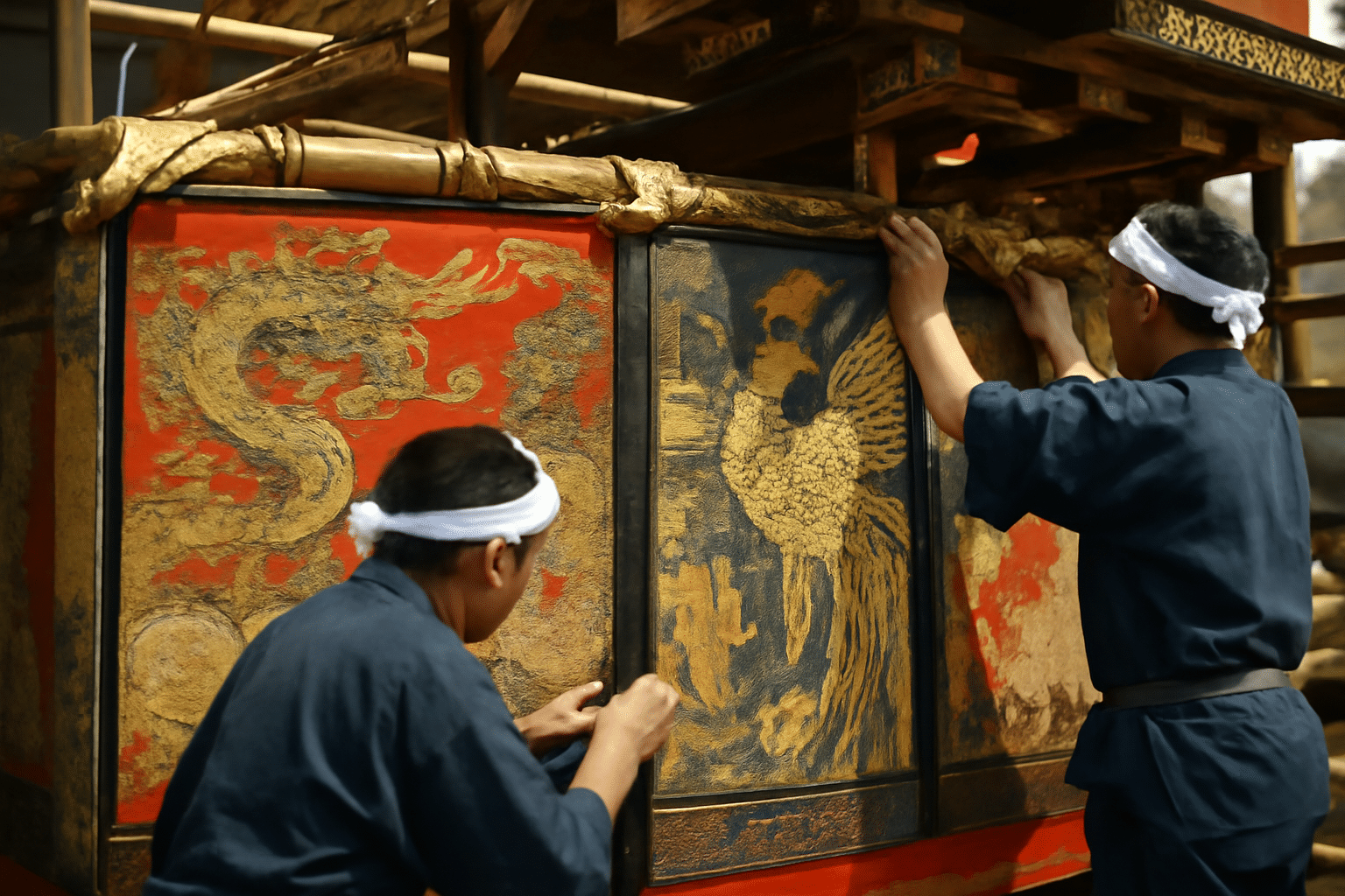 Détail des tapisseries sur un char hoko lors du festival de Kyoto en juillet