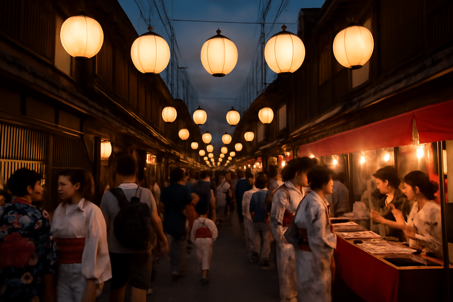 Soirée yoiyama, rue piétonne illuminée de lanternes à Kyoto en juillet
