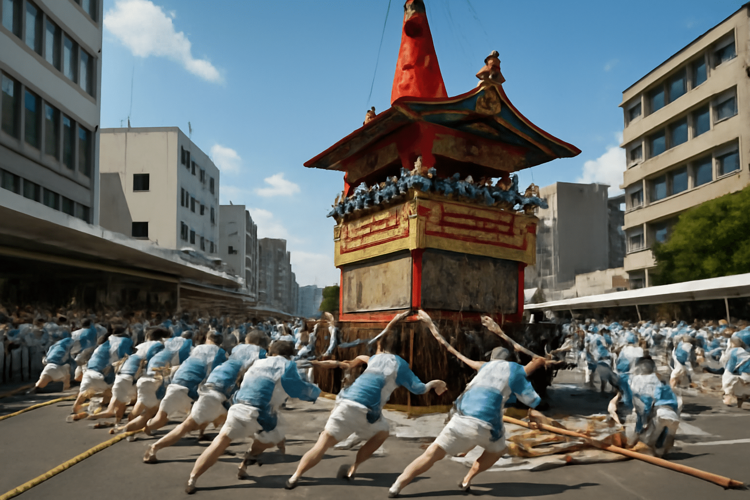 Tsujimawashi : virage à 90 degrés d'un char hoko lors du festival de Kyoto