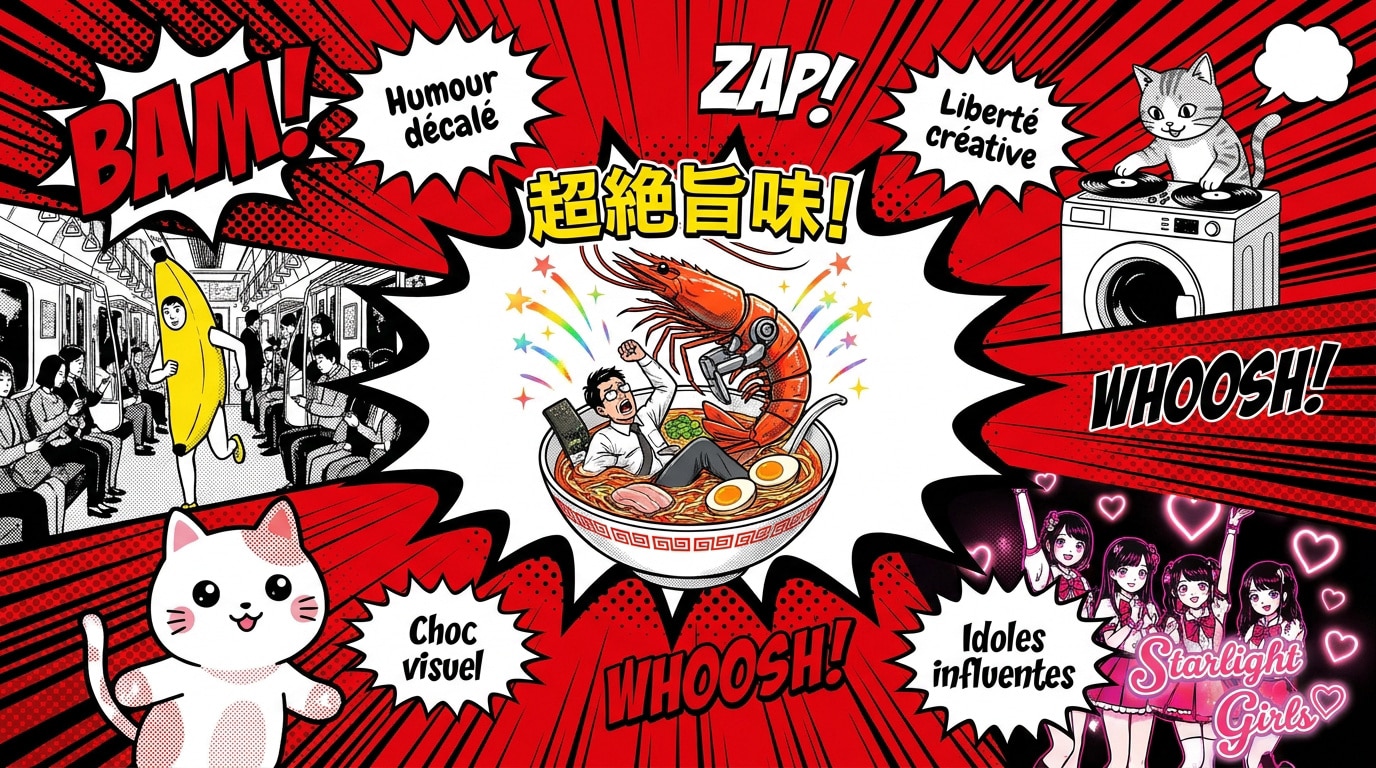 Illustration d'une publicité japonaise colorée et absurde inspirée de la pop culture manga