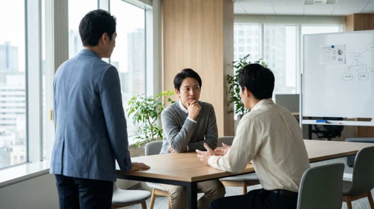 Trois hommes d'affaires japonais discutent dans un bureau moderne et lumineux.