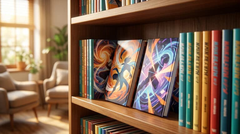 Une étagère remplie de mangas colorés avec des couvertures illustrées, placée dans un salon lumineux et chaleureux.