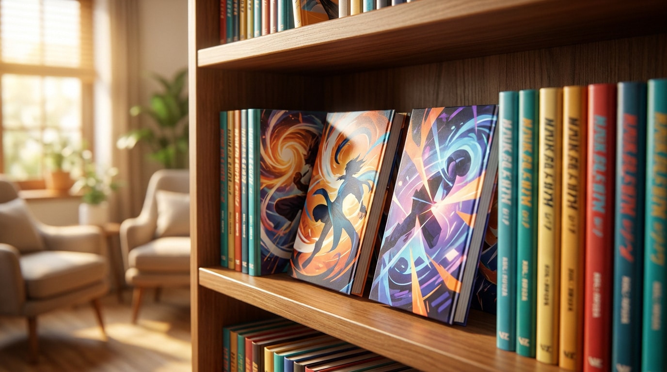 Une étagère remplie de mangas colorés avec des couvertures illustrées, placée dans un salon lumineux et chaleureux.