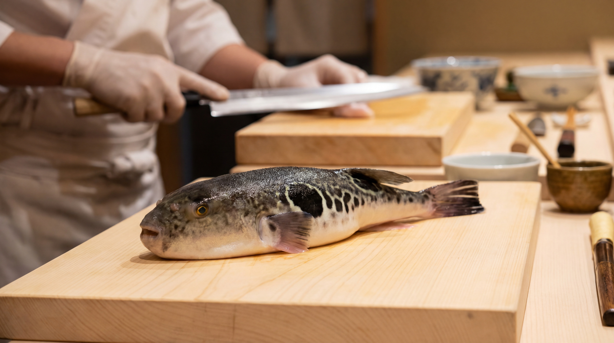 Un poisson globe (fugu) posé sur une planche en bois devant un chef japonais préparant des tranches sashimi.