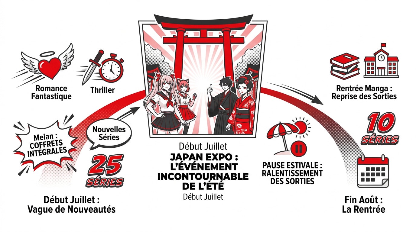 Infographie du calendrier des sorties manga pour l'été 2026 détaillant les pics de parution de juillet et août.