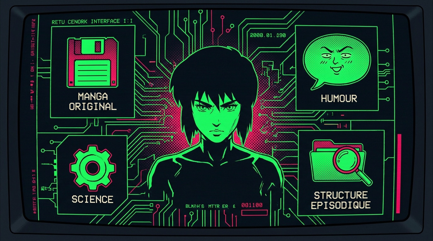 Interface numérique cyberpunk rétro inspirée de l'univers Ghost in the Shell
