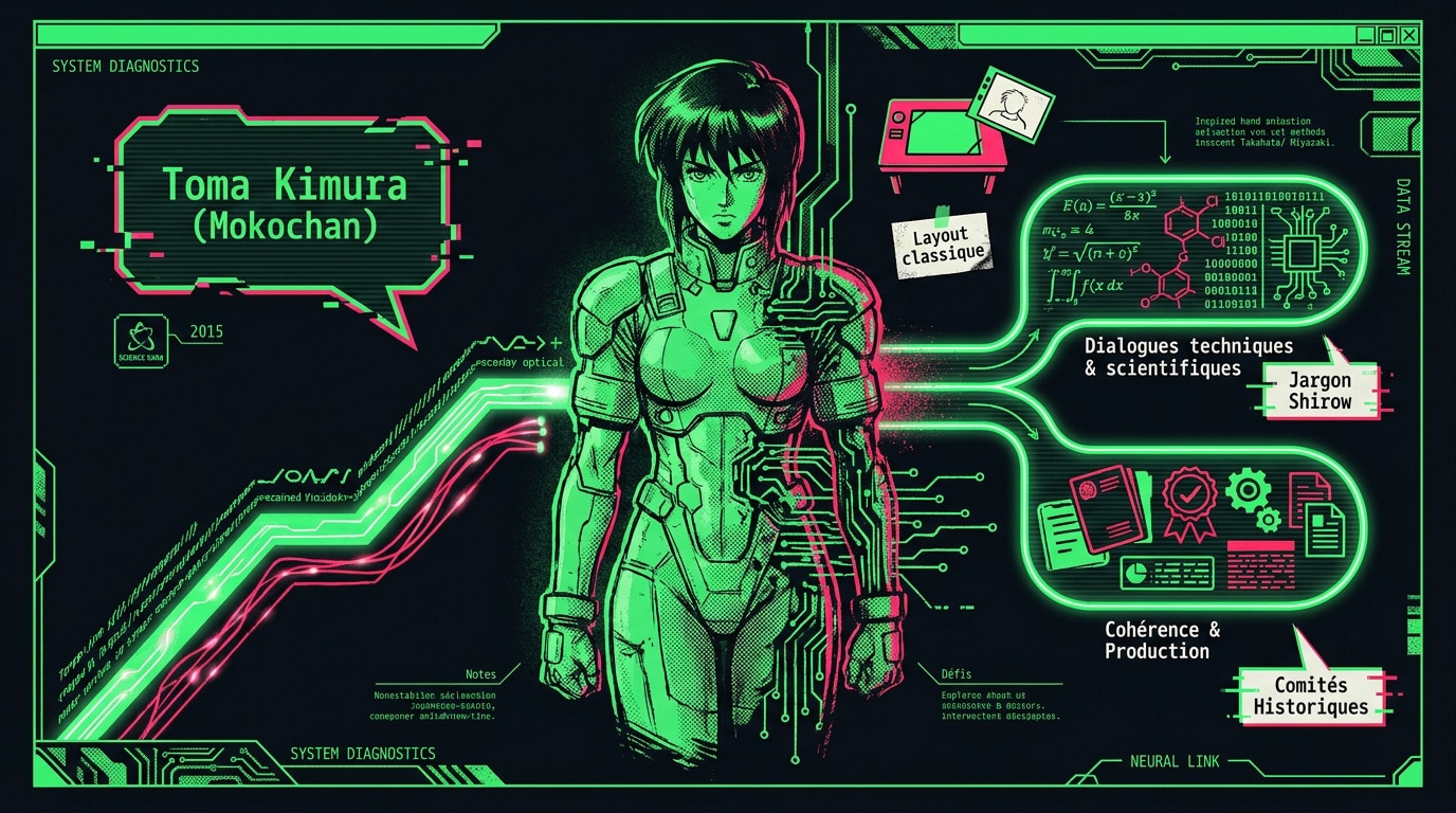 Illustration de la production de Ghost in the Shell par Science Saru montrant le Major Kusanagi dans un univers cyberpunk