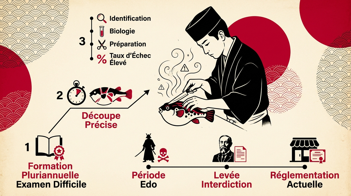 Chef japonais préparant minutieusement un fugu pour retirer la tétrodotoxine