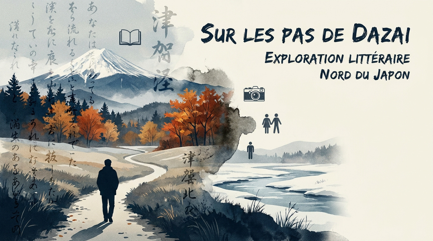 Livre Sur les pas de Dazai de Christian Merlhiot devant un paysage japonais