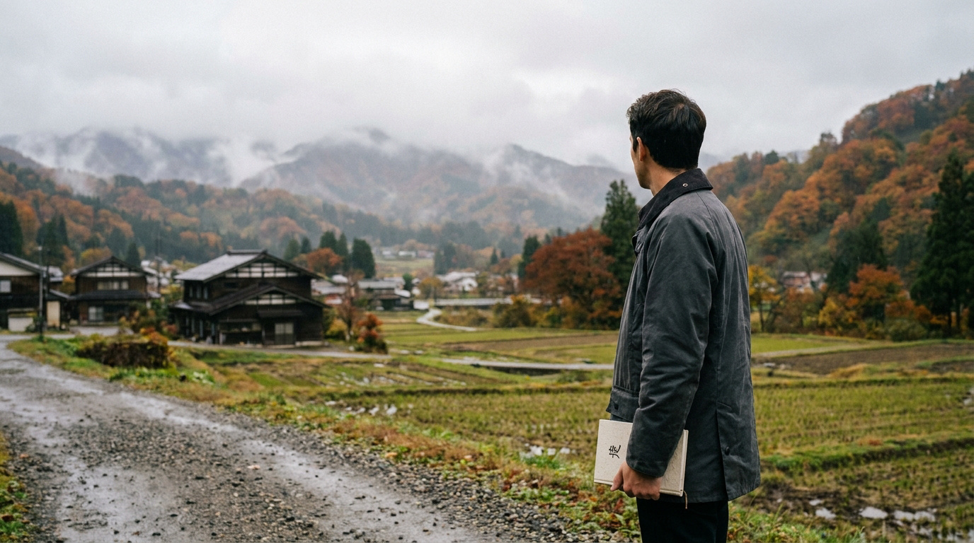 Un homme de dos tenant un livre, contemplant un paysage rural japonais automnal avec des montagnes brumeuses.