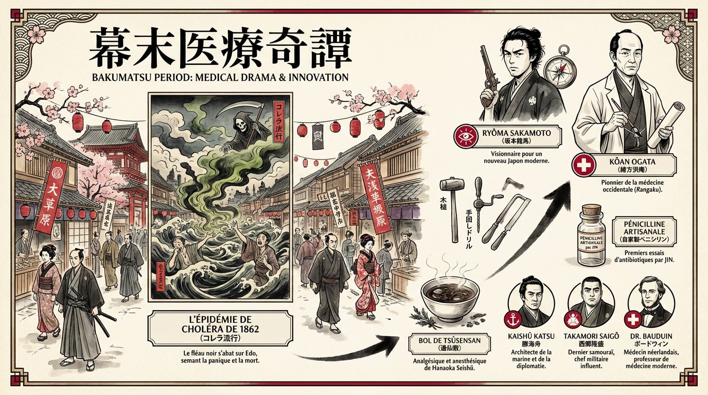 Représentation historique de la médecine et des figures politiques durant la période du Bakumatsu au Japon