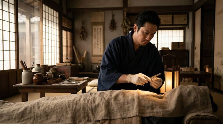 Un médecin japonais en kimono effectue une intervention chirurgicale sur un patient dans un intérieur traditionnel.