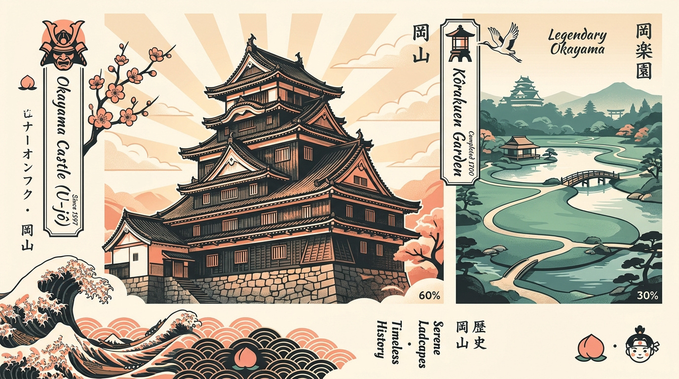 Vue panoramique du château noir d'Okayama et des allées du jardin Kôrakuen