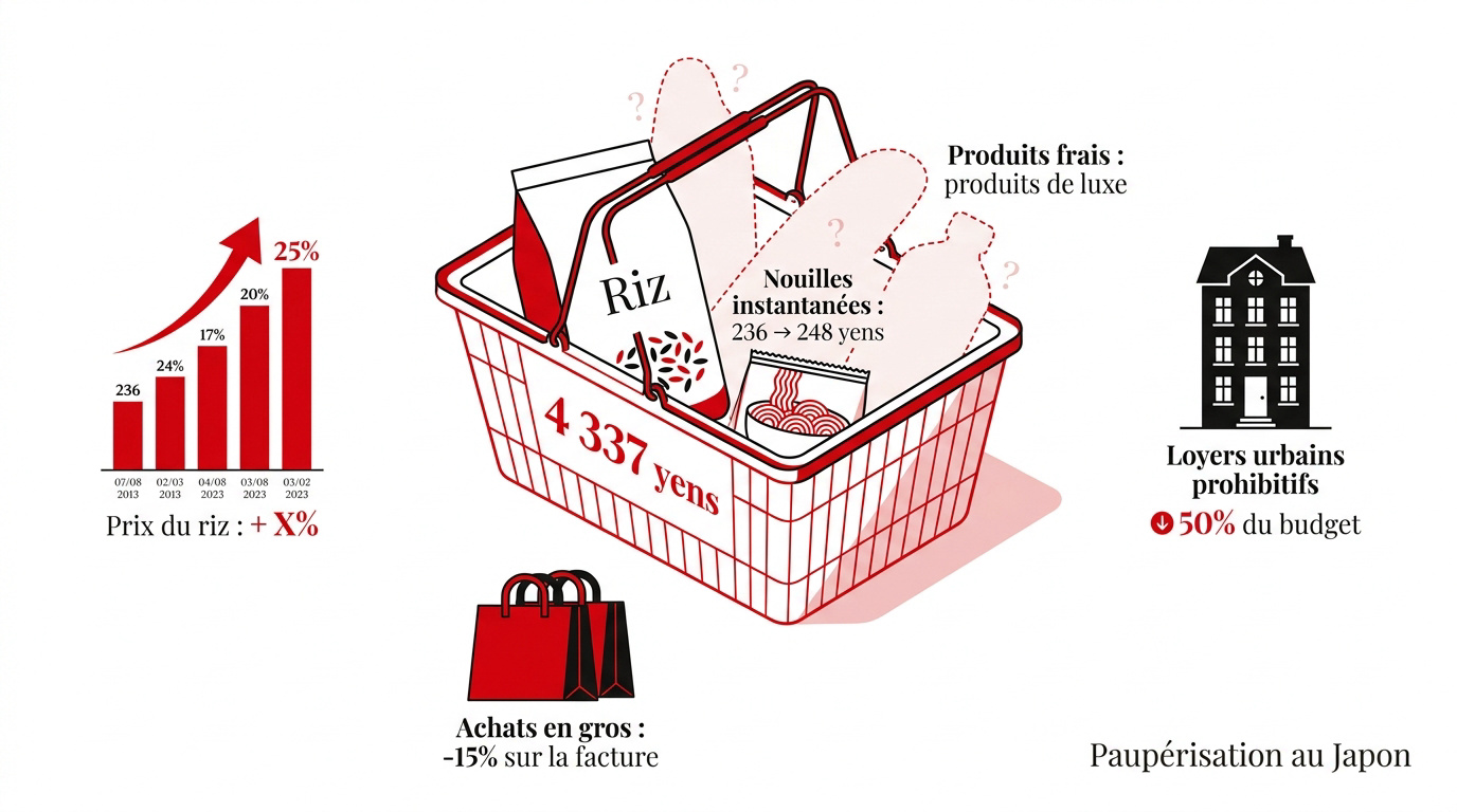 Rayonnage de supermarché au Japon illustrant la hausse des prix alimentaires